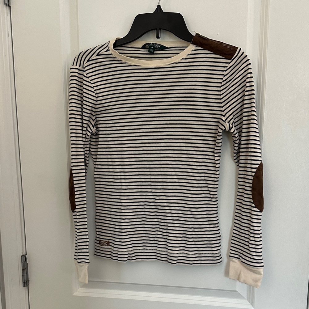 Ralph Lauren Black and Cream Striped Long Sleeve Top
